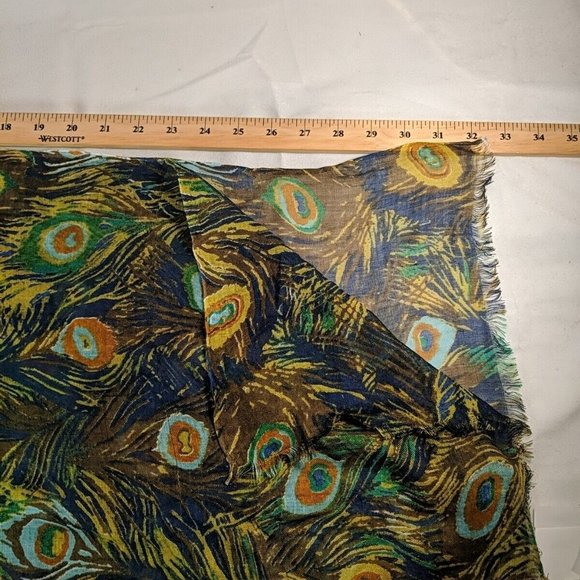 Cynthia Rowley Peacock Print Scarf Fringed Hem Loose Lightweight Fall Woven Bird - Picture 7 of 9